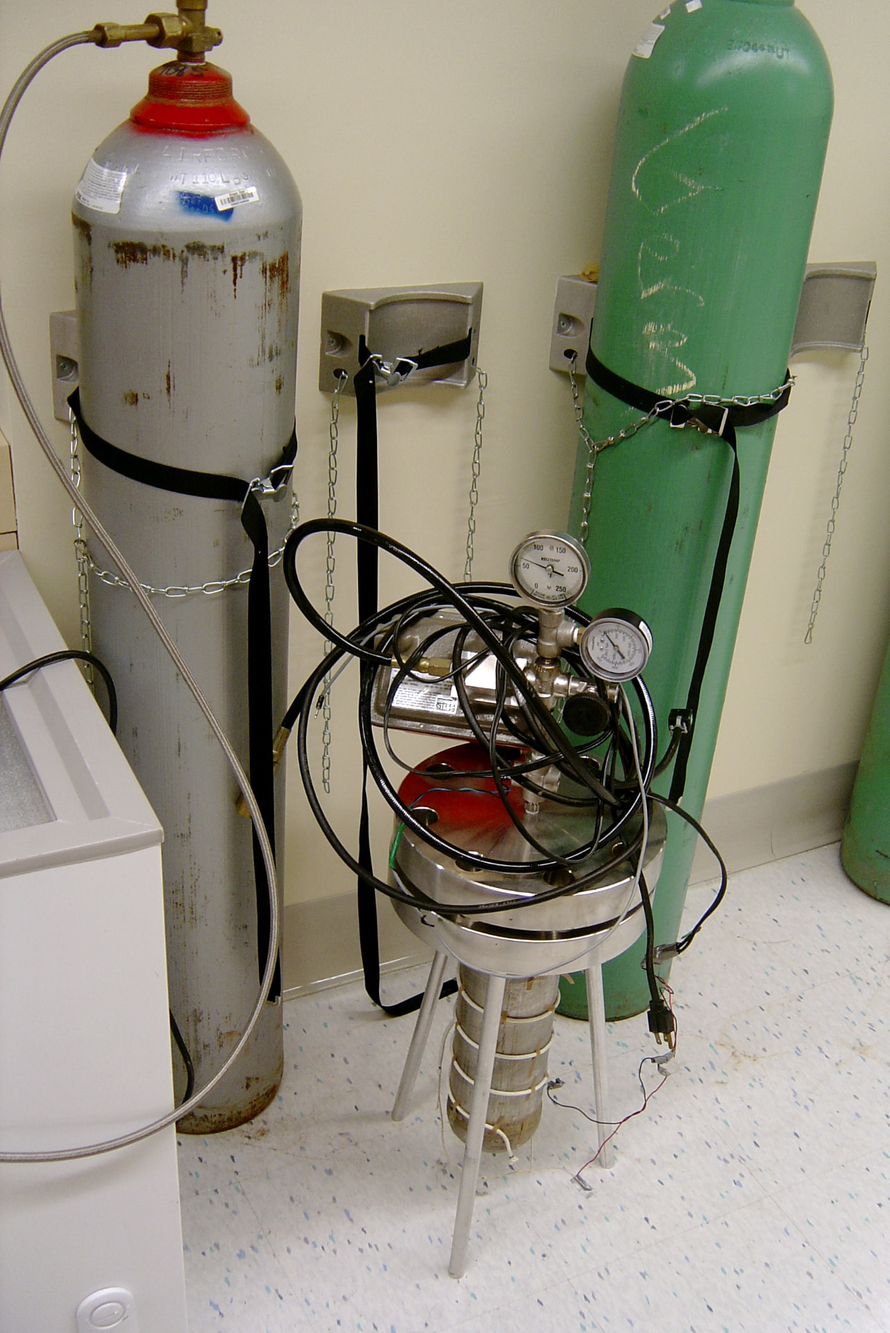 Pressure reactor vessel with gas cylinders and gauges